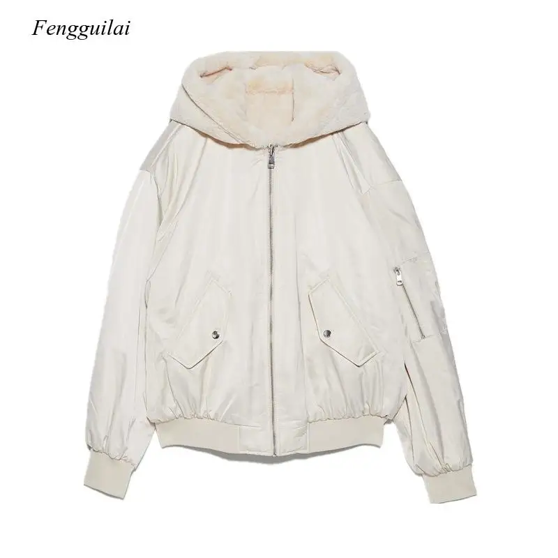 Ladies Reversible Hooded Jacket Faux Fur Fleece for Winter Womens Tops Bomber Jackets Coats Black Outwear with Long Sleeve