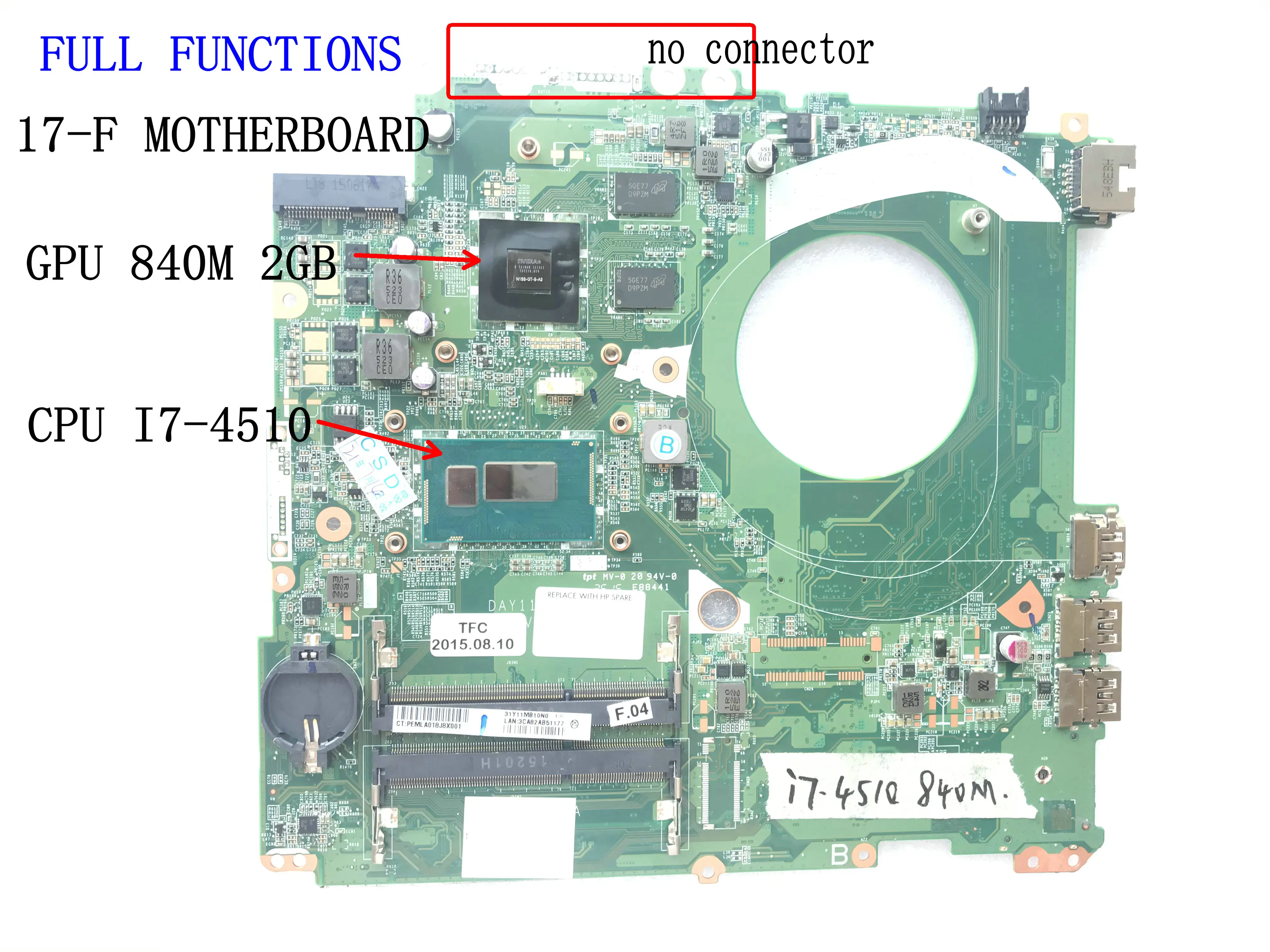 

FAST SHIPPING DAY11AMB6E0 Y11A FOR HP PAVILION 17-F LAPTOP MOTHERBOARD ONBOARD CPU I7-4510U GPU 840M 2GB 90 DAYS WARRANTY