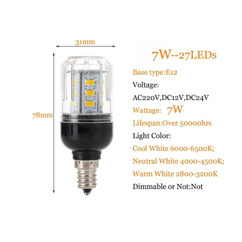 Hot E27 E14 E12 E26 27LEDs 7W Lighting SMD 5730 LED Corn Bulb Lamp Christmas Chandelier Lights 110V 220V DC 12V 24V Lamps