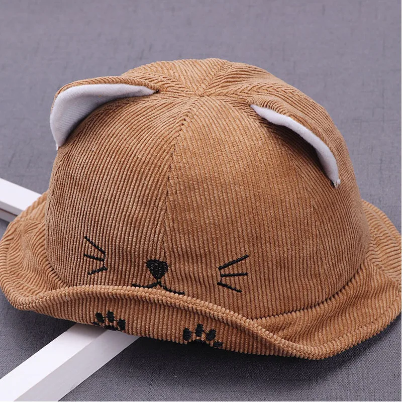 

Autumn Winter Baby Girls Boys Bucket Sun Hat Cute Children Outdoor Beanies Kids Corduroy Cotton Cat Ear Hats Thick Warm Caps