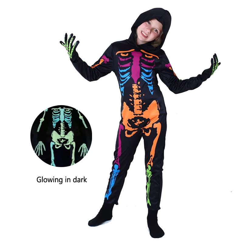 Kids Halloween Colorful Skeleton Costume Glow in Dark Bone Skull Jumpsuit Boys Girls Scary Ghost Party Cosplay Outfit