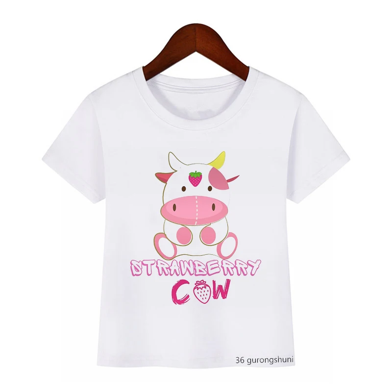 Funny Cartoon Animal Strawberry Cow Pet Plush Print Cute Girls/boys T Shirt Summer Tops Casual Kids Clothes Birthday Gift