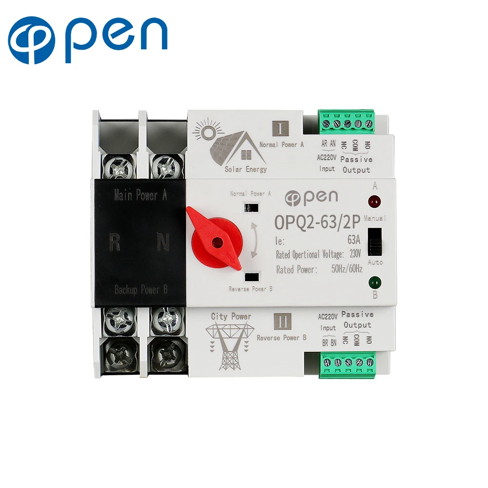 

2P 63A Single Phase Din Rail ATS for PV and inverter Dual Power Automatic Transfer Selector Switches Uninterrupted