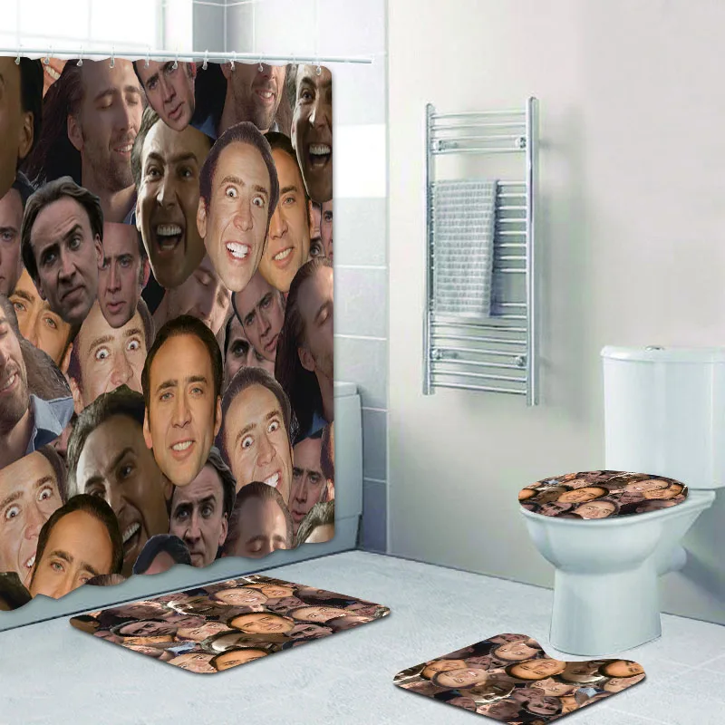 Funny Nicolas Cage Face Collage Shower Curtain Set 4PCS Waterproof Bath Curtains for Bathroom Bath Mats Rug Carpet Bathtub Decor