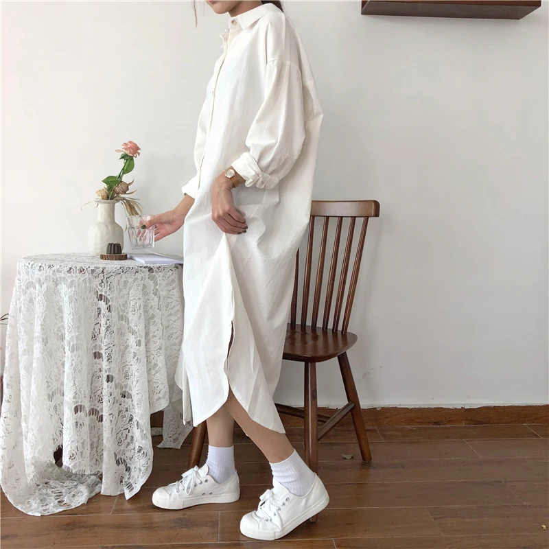 Long Dress Autumn Long Sleeve Shirt Women Casual Turn Down Collar Lady White Blue Oversize Loose Maxi Dresses Cotton Streetwear