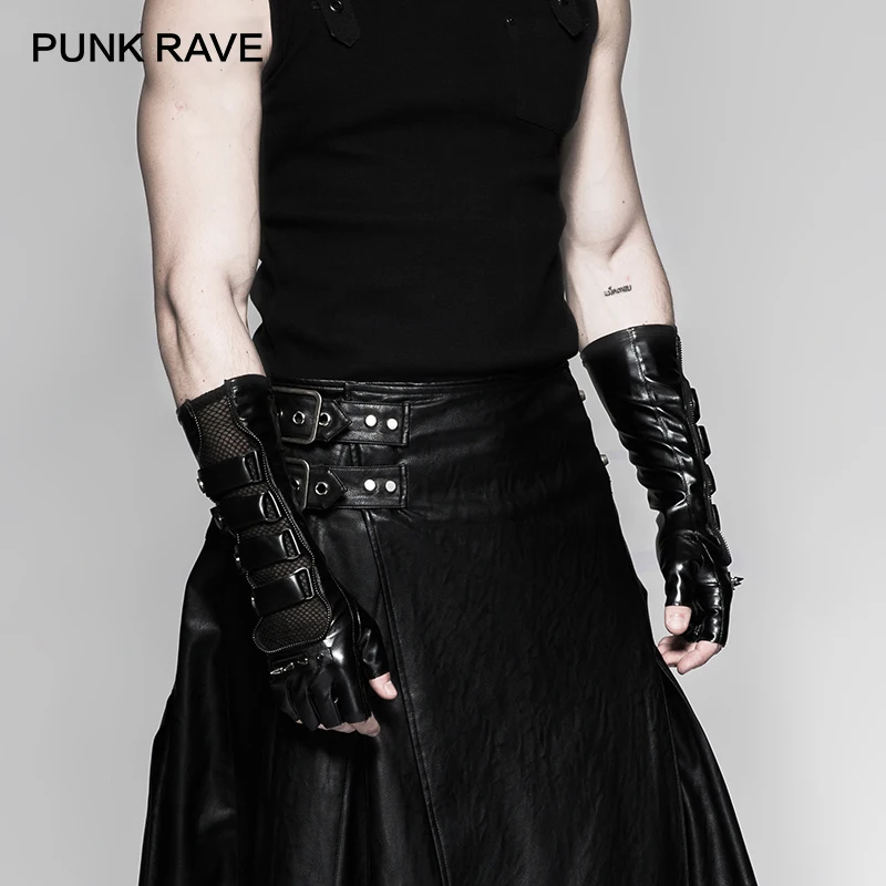 PUNK RAVE Steampunk locomotora negra guantes largos para hombre moda gótica remaches de roca malla + cuero PU recubierto guante con remaches para