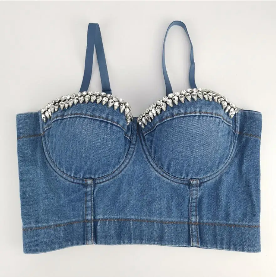 

Women's Sexy Rhinestone Flower Denim Crop Tops Rave Festival Push Up Bra Corset Tank Top Night Club Party cropped feminino q821