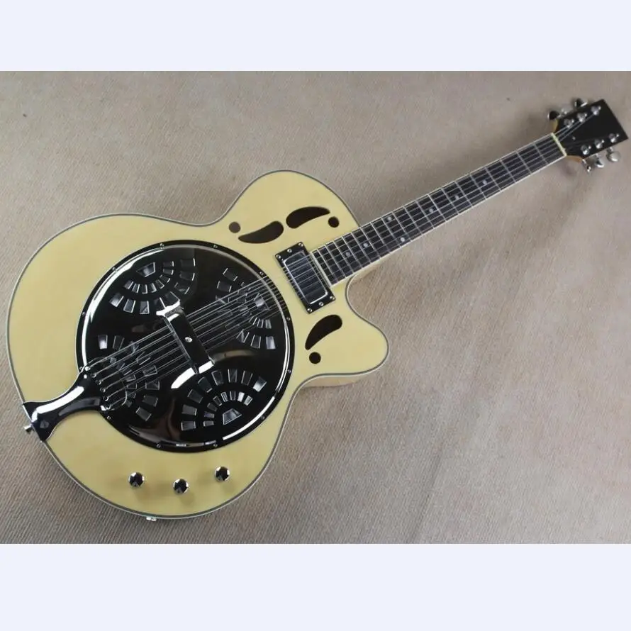 Hollow body metal covered Resonant Electric Guitar Wood color Dobro Resonator Electric Guitar Free Shipping