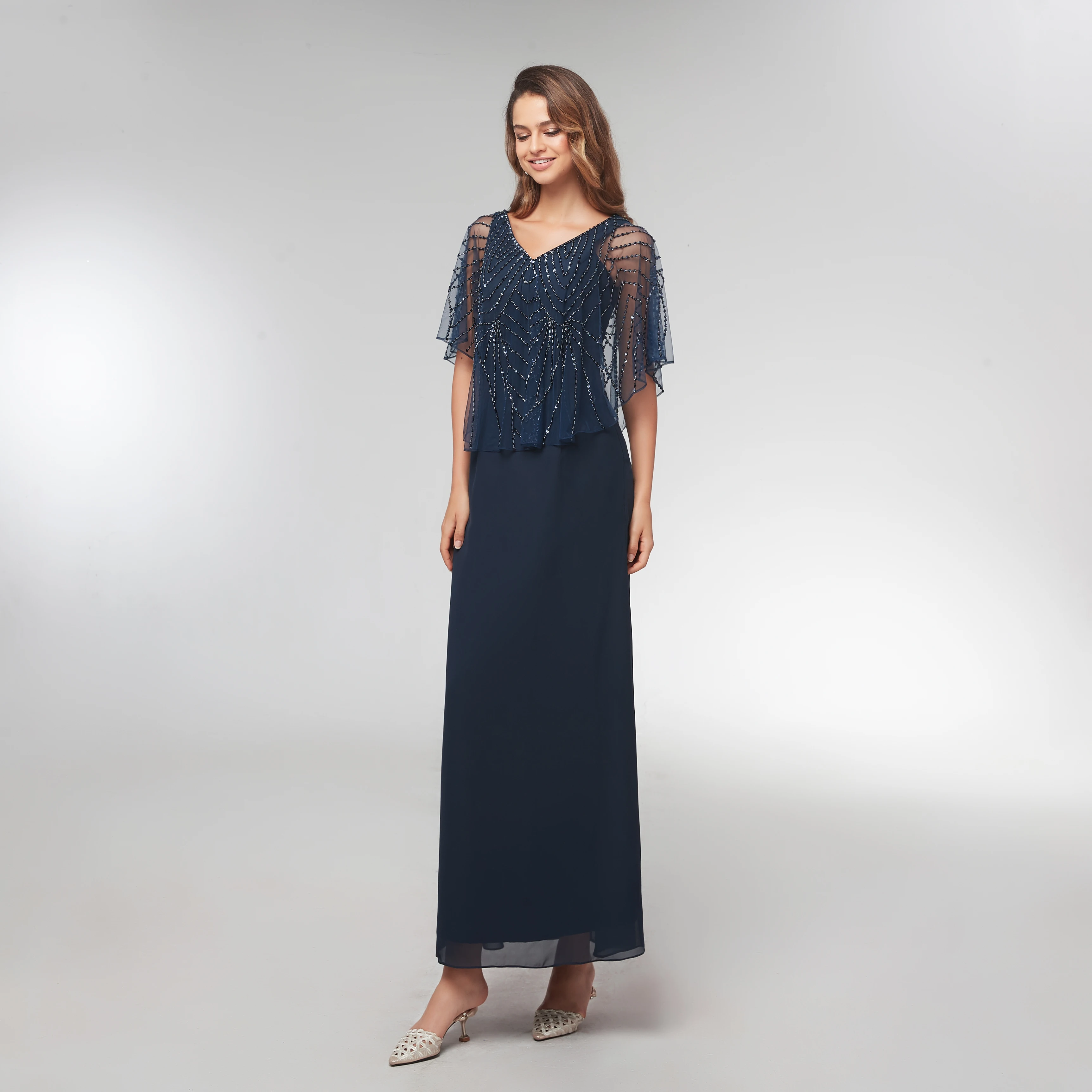 2021 chiffon lantejoulas mãe dos vestidos de noiva elegante escuro navy v-neck uma linha de noite vestidos formais mãe do noivo vestido