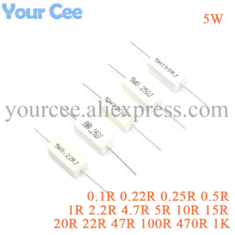 10pcs 5W 5% Cement Resistor Power Resistance 0.1 ~ 1K 0.22R 0.25R 0.5R 1R 2.2R 4.7R 5R 10R 20R 22R 47R 100R 470R 1K ohm
