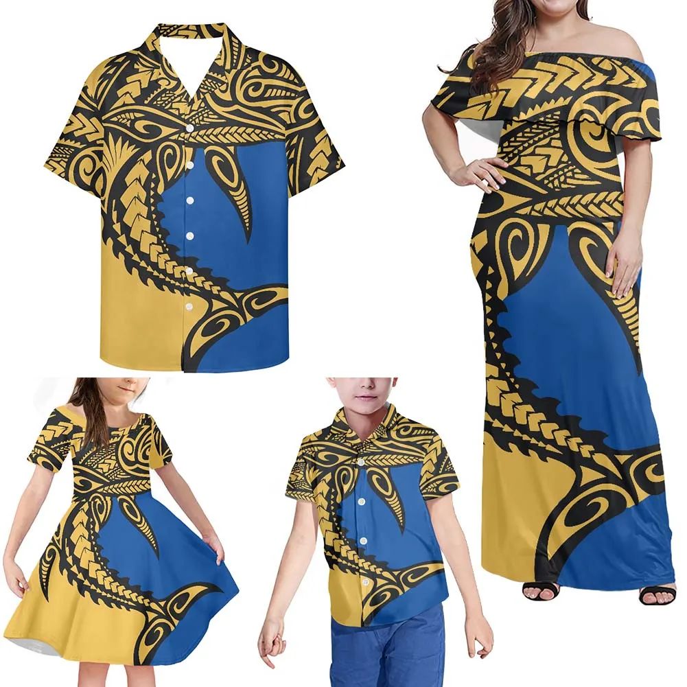 Hycool Factory Price Samoan Shark Polynesian Tribal Printing Mother Father Family Clothing Cheap Family Matching Outfits 2022