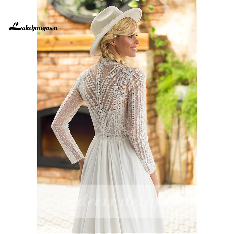 Lakshmigown Boho Lace Wedding Dress with Long Sleeves High Neck Chiffon Beach Wedding Gown Simple Bridal Dresses robe de mariee