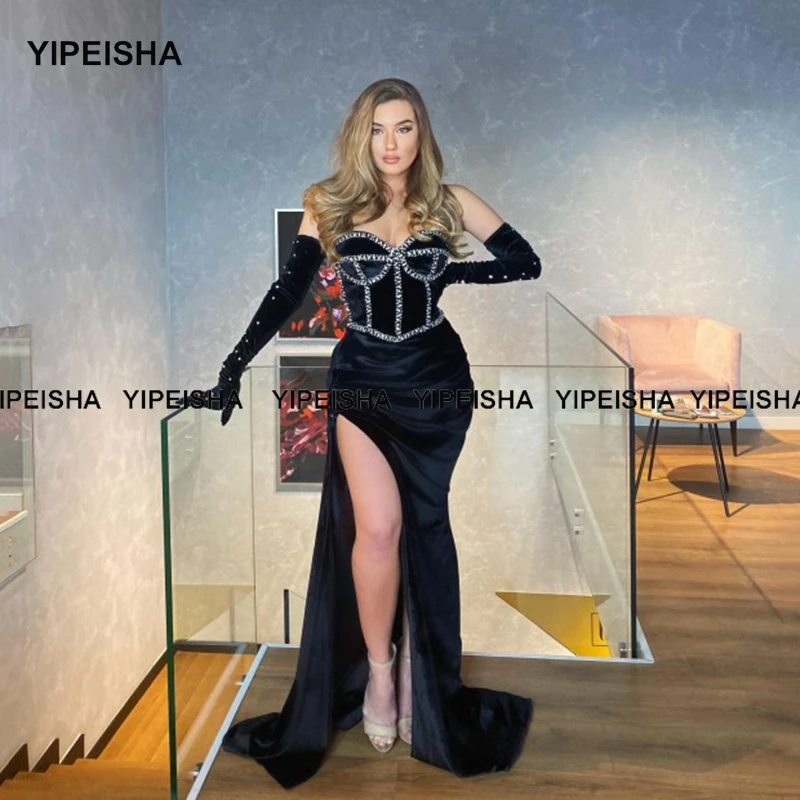 

Yipeisha Sweetheart Neckline Black Prom Dress Side Split Evening Gown for Special Occasion Sexy Velvet Party Dresses Robe de Bal