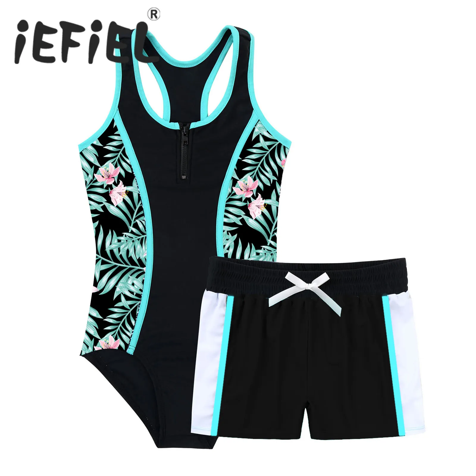 

Kids Girls Swimsuit Swimwear Beachwear Sets Sleeveless Racer Back Bodysuit with Shorts Outfits Beach Water Park Bathing Suit