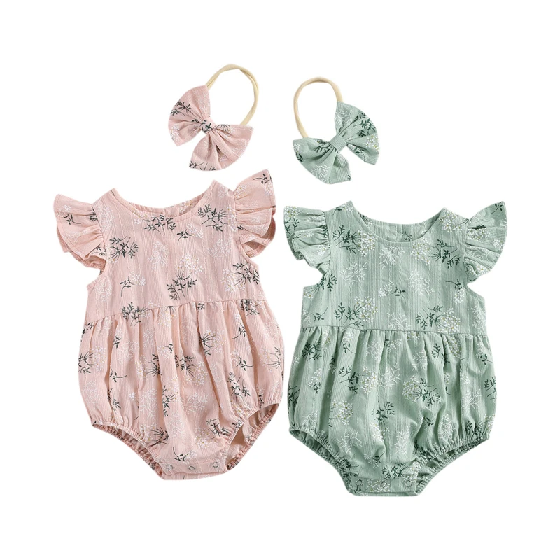 Baby Girl Bodysuits 2Pcs Fashion Newborn Infant Floral Print Round Collar Fly Sleeve Jumpsuit+ Hair Band Toddler Summer Clothing