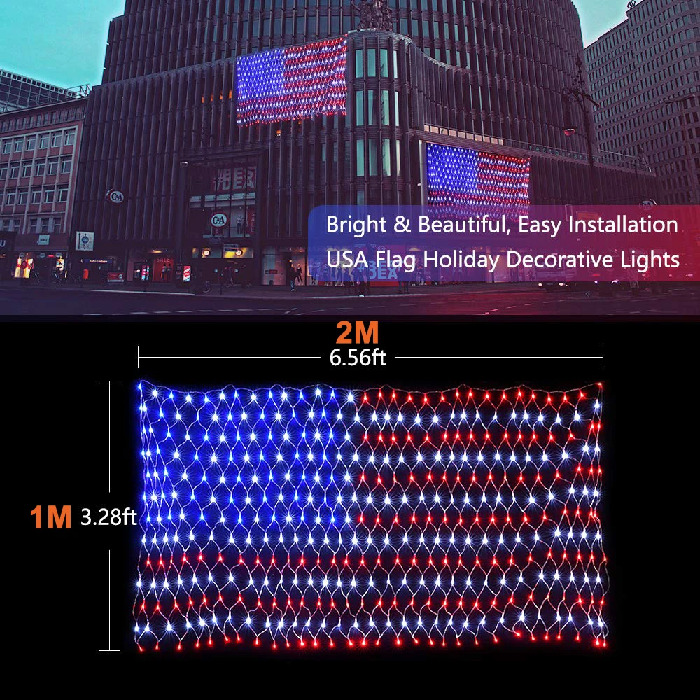 110V 30V Waterproof Hanging Ornaments American Flag LED Net Lights Garden Decor Christmas Lights Outdoor Fairy LED String Lights