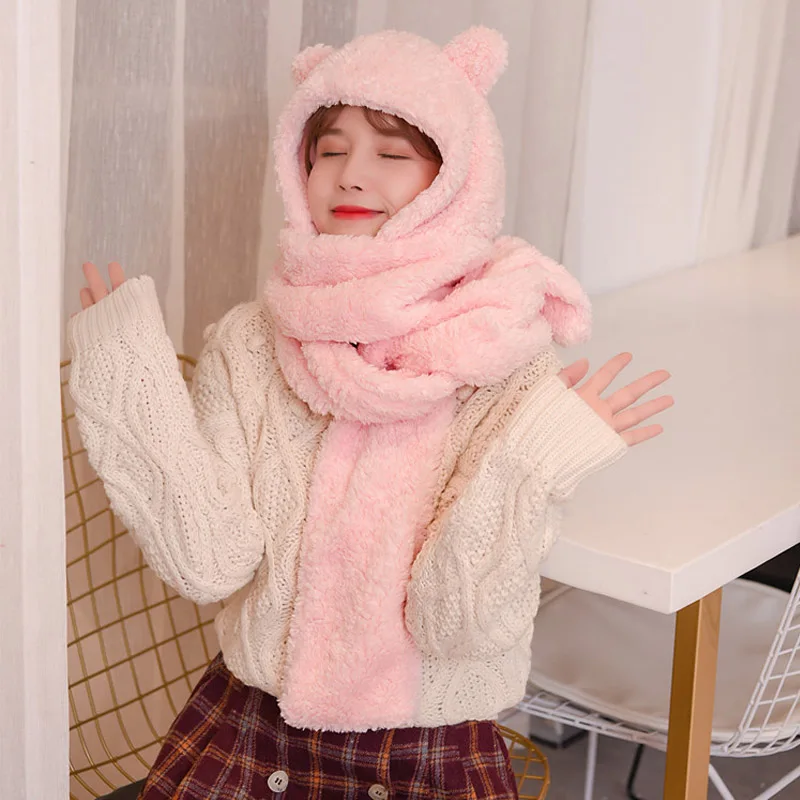 Winter Hat Women Thick Hat Scarf One Two-Piece Korean Version Parent-Child Warm Thickening Scarf Students Black White Pink