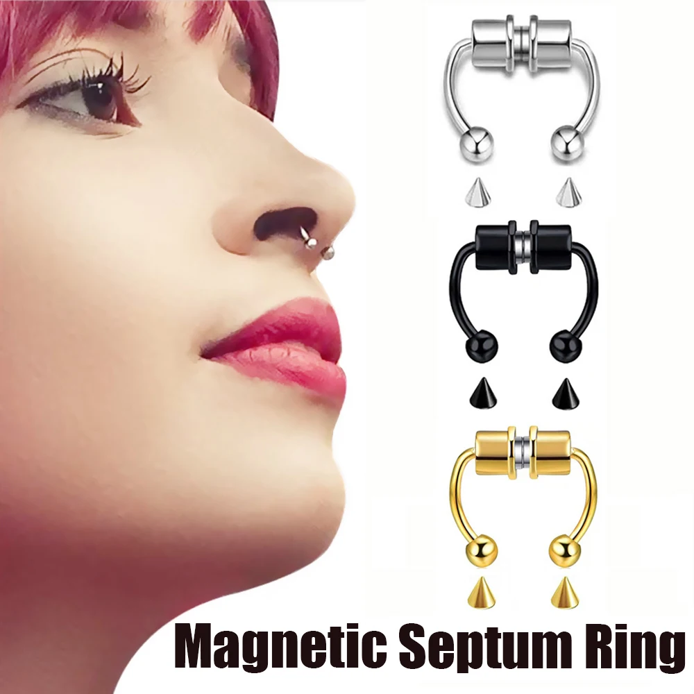 1PC Fake Piercing Magnetic Nose Septum Ring  with Replace Cone Balls For Women Unisex Fashion Black Gold Plated Magnet Jewelry