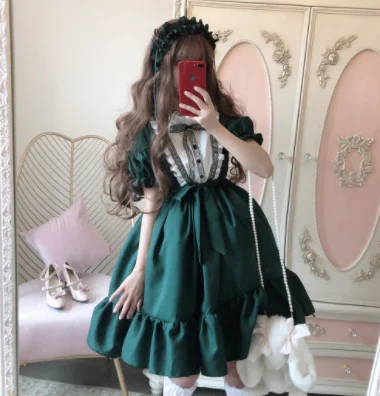 Robe gothique lolita op loli cosplay pour filles, kawaii, douce, vintage, en dentelle, nœud papillon, col rond, robe victorienne