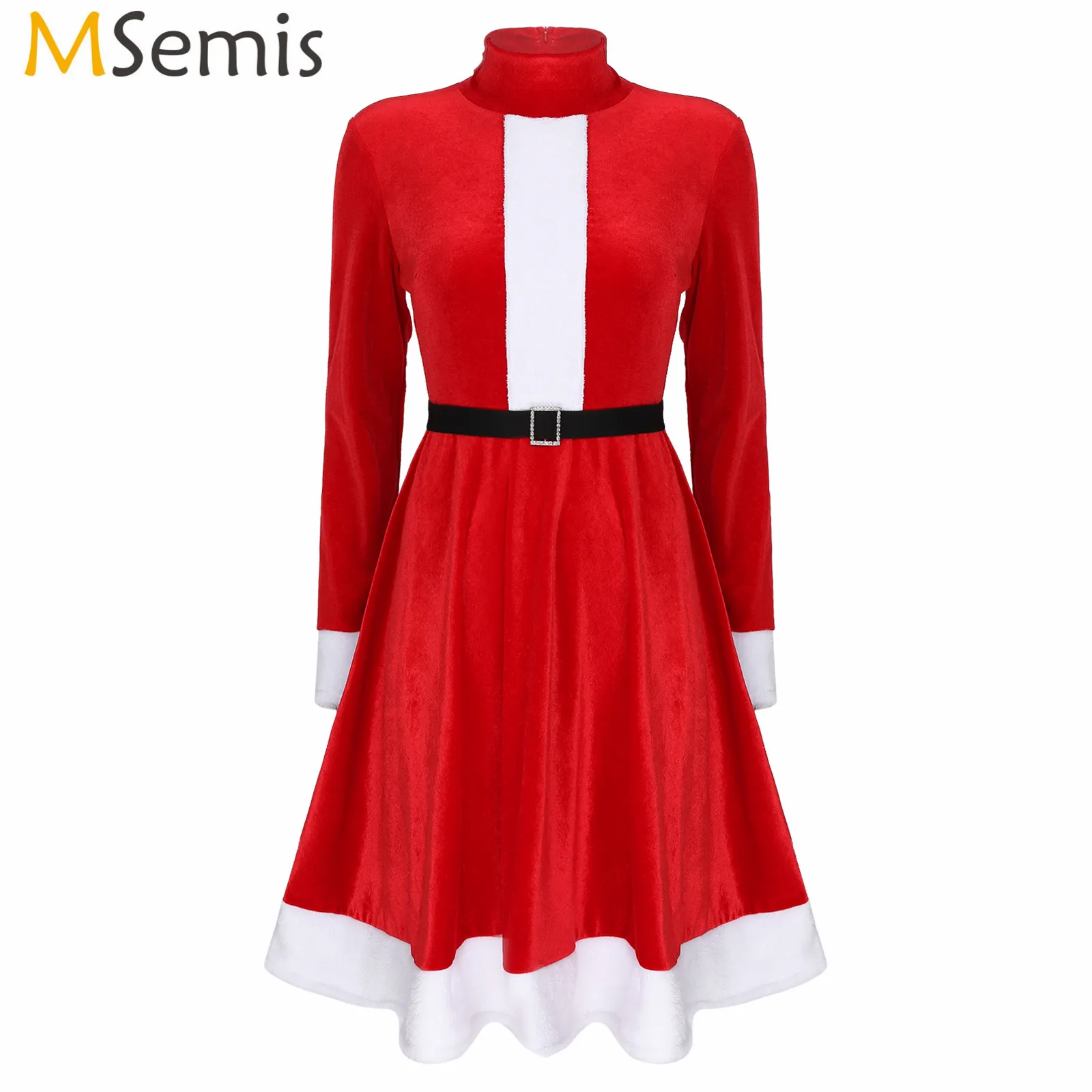 

Женские рождественские костюмы, бархатное платье с высоким воротом и длинным рукавом, фланелевые платья на молнии с поясом, Рождественский косплей, наряд Санта-Клауса