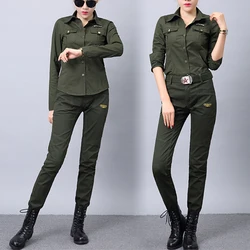 Outdoor Sports Tactical Blouse Shirt Women Military Uniform Suit Straight Cotton Slim Fit Trousers Training Shirt Army Green Set