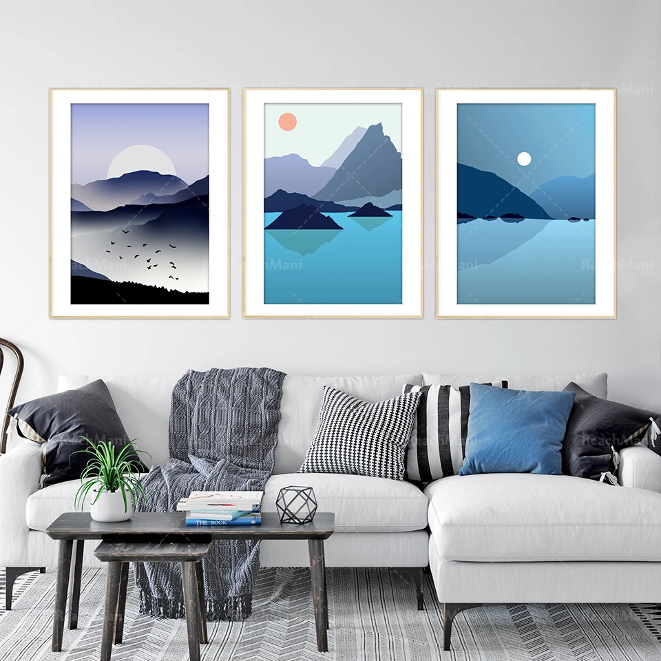 

Abstract Landscape Art Set, Nordic Panorama, Modern Lake Birds Illustration Set of 3, Modern Scandinavian Mountain, Navy Blue Sc