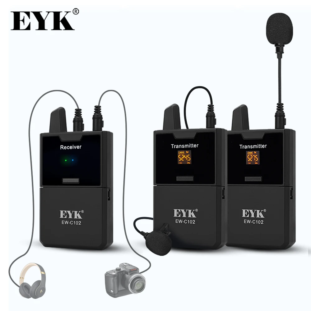 EYK EW-C102 Camera Lapel Mic UHF Wireless Lavalier Microphone with Audio Monitor Function for Phones DSLR DV Camcorder Webcast