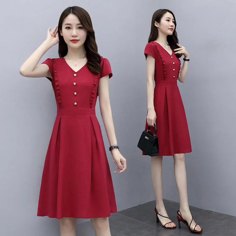 2022 New Dress Women Summer Dresses Short Sleeve Elegant Lady Solid color V-neck Women's Dressss Vestidos Ladies Office Dress