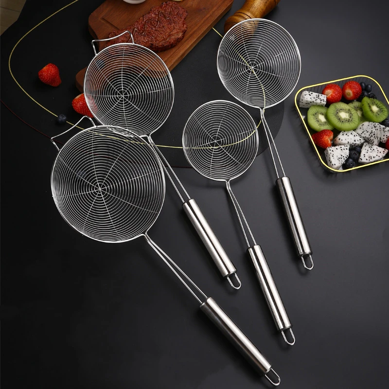 

304 Stainless Steel Colander Long Handle Skimmer Strainer Leak Oil Spoon Residue Filter Noodles Dumplings Sieve Kitchen Utensils