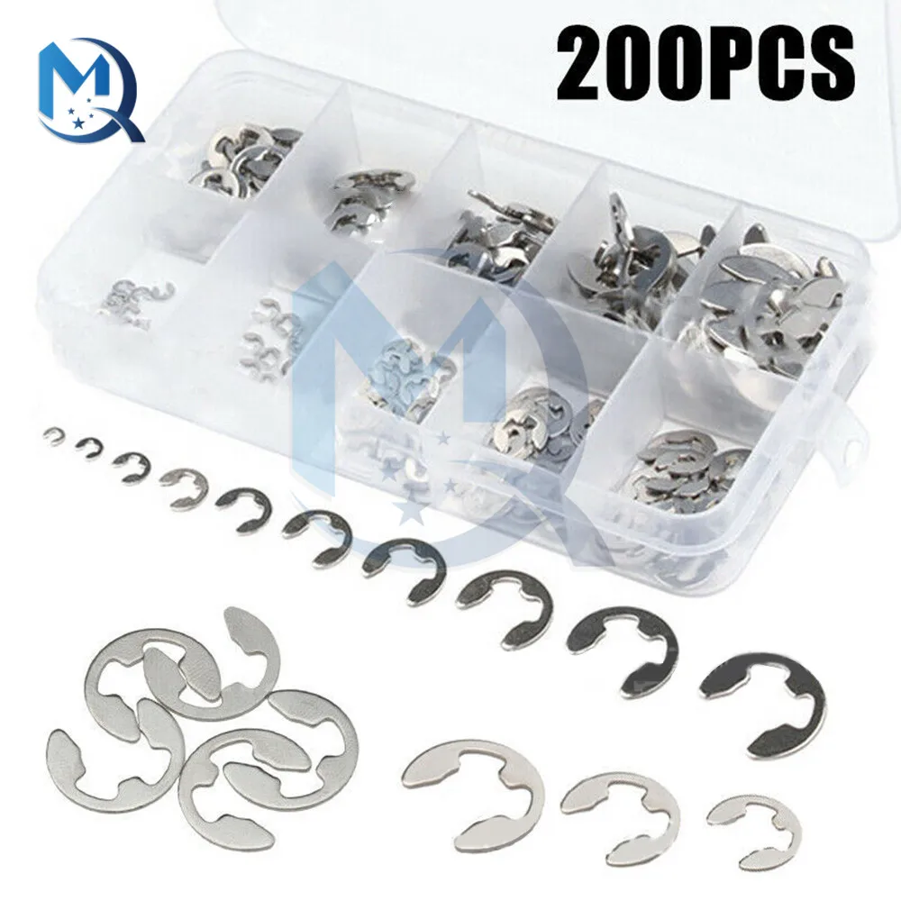 120Pcs/200Pcs Snap Ring Washer Set 304 Stainless Steel E Type Circlip Buckle M1.5-M10 Open Retaining Ring Gasket