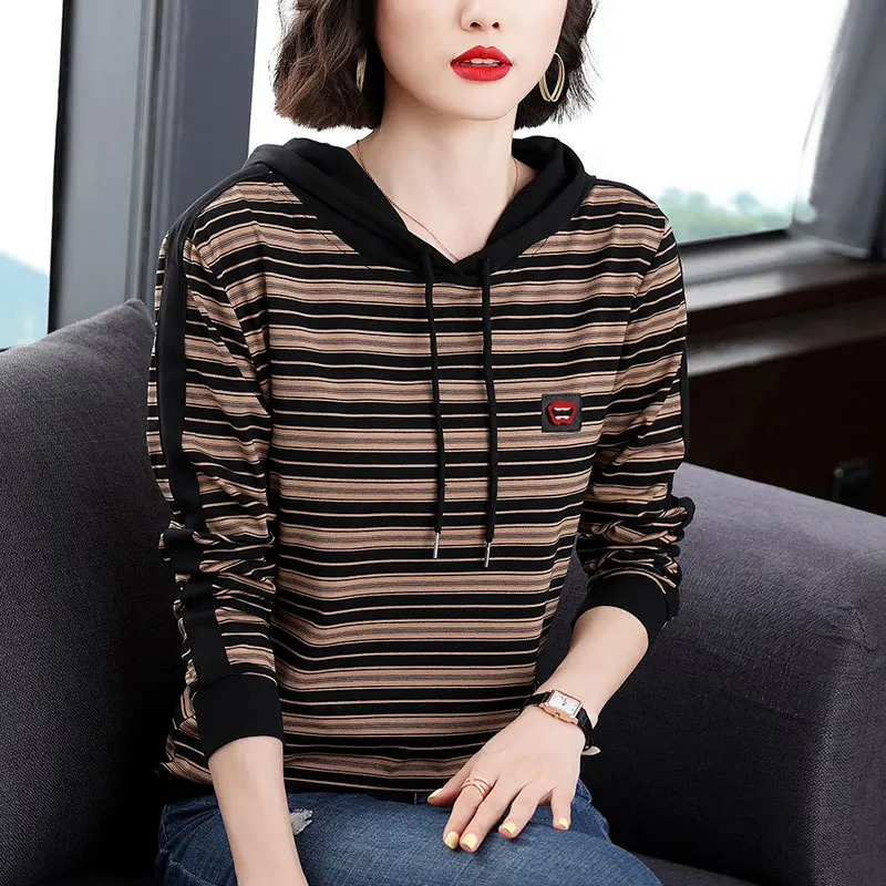 Oder Cotton Spring and Autumn Hoodie Loose Stripe T-shirt Women's 2021 New Pullover Casual Long Sleeve Hoodie