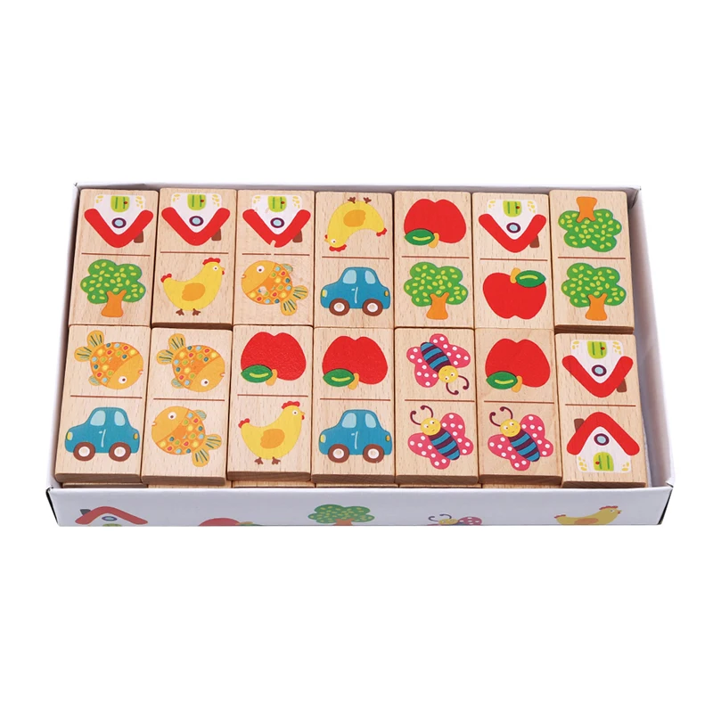 Puzzle en bois 28 pièces, Domino fruits animaux, blocs de construction cognitifs, jouets empilés Montessori, jouet éducatif pour enfants, cadeau