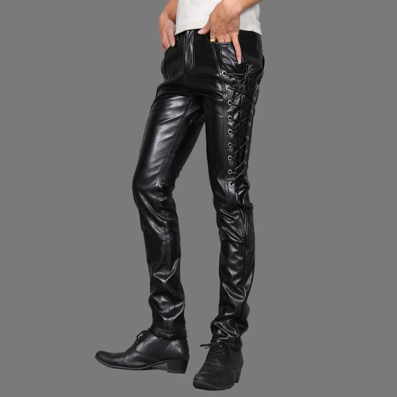 Idopy Special Mens Skinny Faux Leather Pants Personlity Steampunk Black Lace Up Biker Gothic Trousers For Male