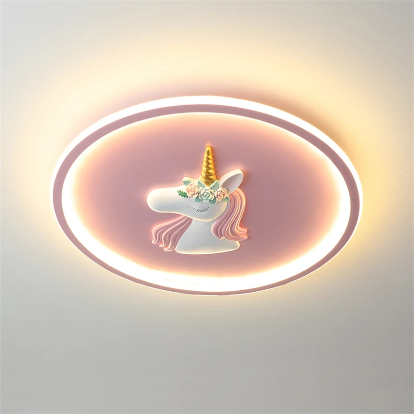 Nordic Round LED Unicorn Ceiling Lights Modern Children's Room Girl Princess Bedroom Study Cartoon Eye Protection Ceiling Lamps