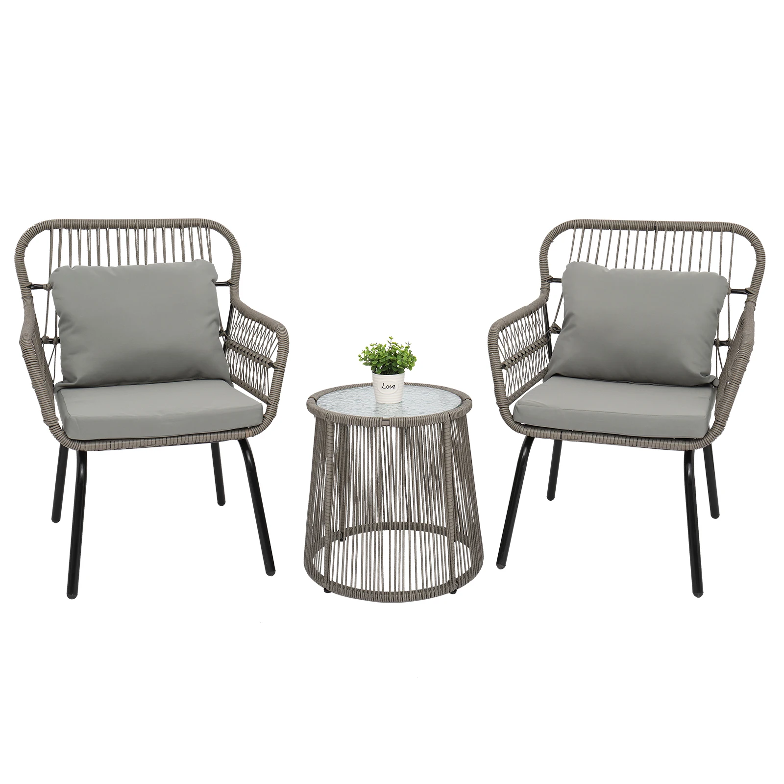 US Warehouse 3-Piece Patio Wicker Conversation Bistro Set with 2 Chairs & Glass Top Side Table & Cushions  Outdoor Furniture