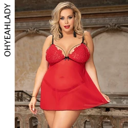 Ohyeahlady Big Size Women Sexy Lingerie Solid Red Floral Lace Nightgown Mesh Mini Dress Babydoll Transparent Sleepwear Nightwear