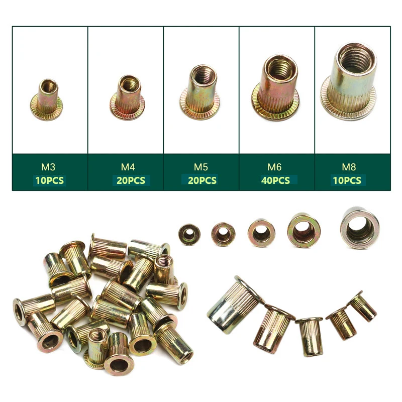 

100PCS Color-Plated Zinc Plated Rivet Nuts Flat Head Threaded Rivet Insert Nutsert Rivet Nut Assortment Kit M3/M4/M5/M6/M8