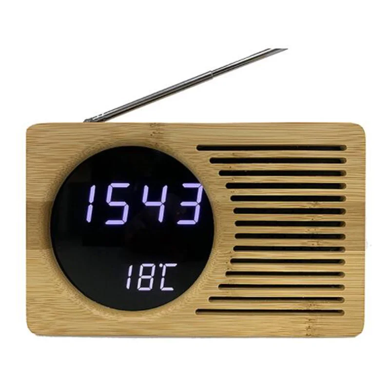 

LED Bamboo Digital Alarm Clock,FM Radio,Adjustable Light,Desk Watch Timer,USB Cable,Alarm Clocks for Home,Bedroom,Office,12h,24h