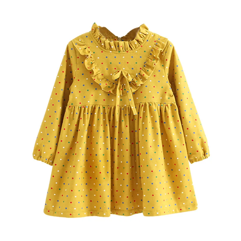 2023 Winter 2 3 4 6 8 10 Years Kids Crew-Neck Long Sleeve Dot Bow Thickening Plus Velvet Warm For Baby Girls Winter Dress