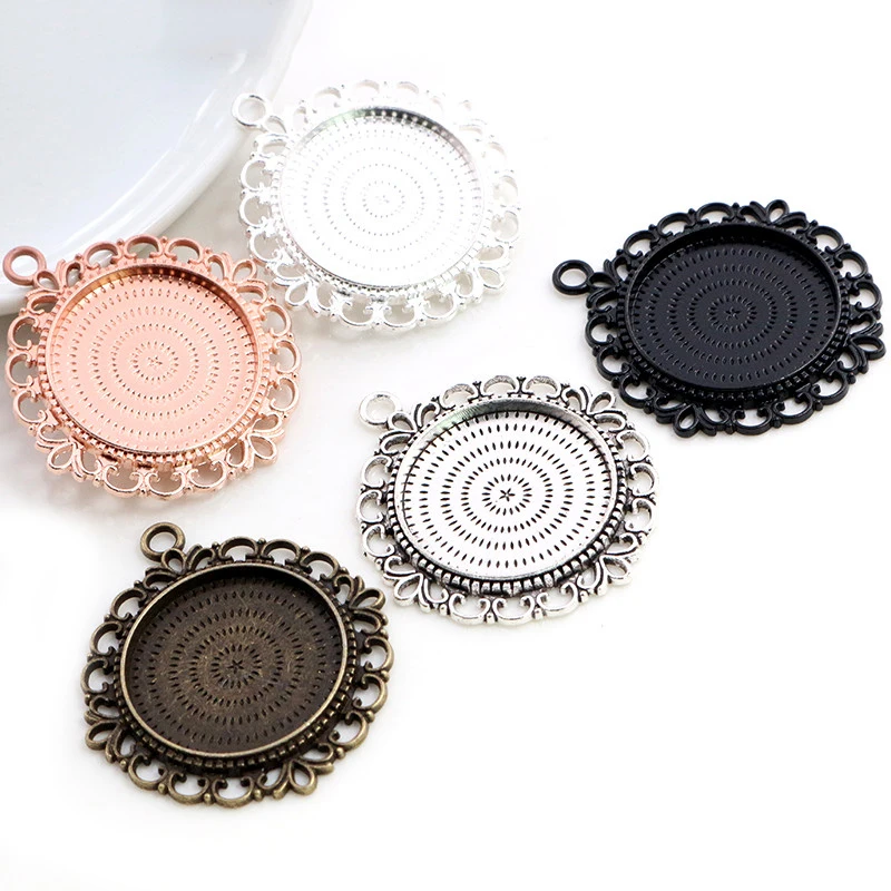 New Fashion 5pcs 25mm Inner Size Antique Silver Plated 5 Colors Pierced Style Cabochon Base Setting Charms Pendant