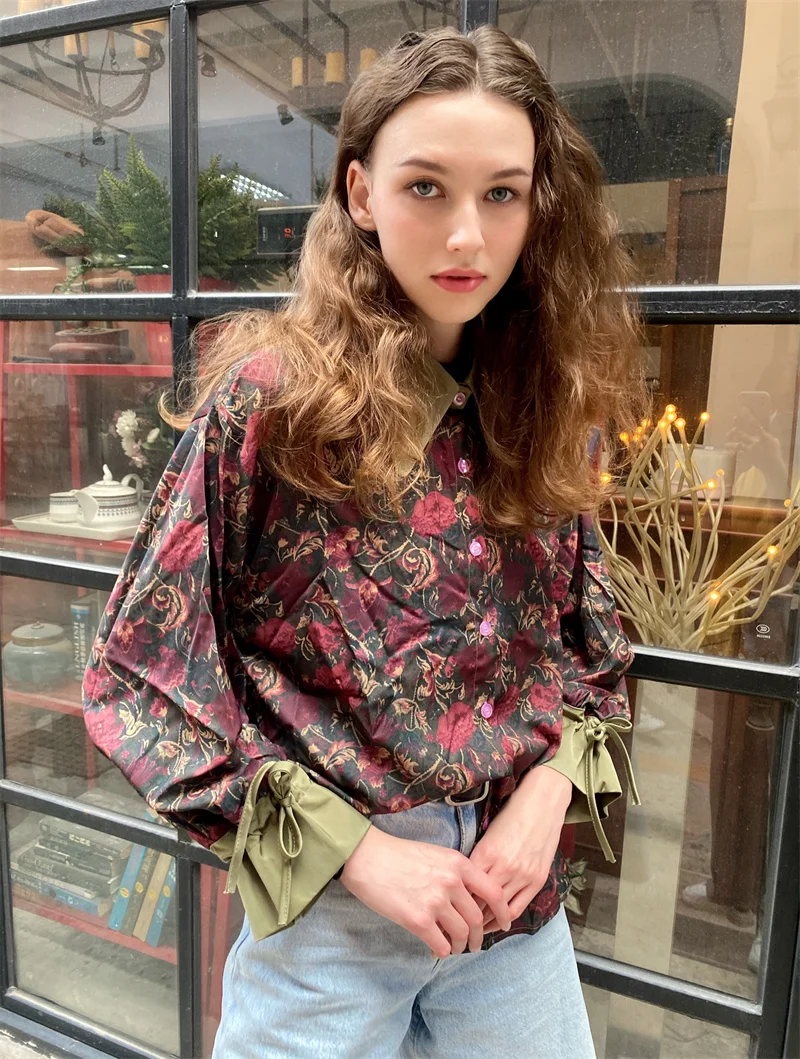 Herbst Vintage Stil Blumen Druck Lose frauen Bluse Shirt Koreanische Beiläufige Lange Hülse Damen Taste Blusen Weibliche Tops – Detail 10