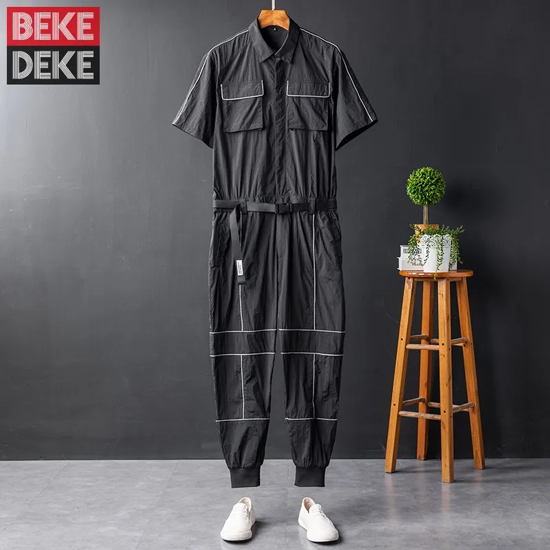 Summer Mens Hip Hop Short Sleeve Jumpsuit One Piece Cargo Pants Belted Overalls Loose Fit Casual Safari Pockets Thin Jumpsuits