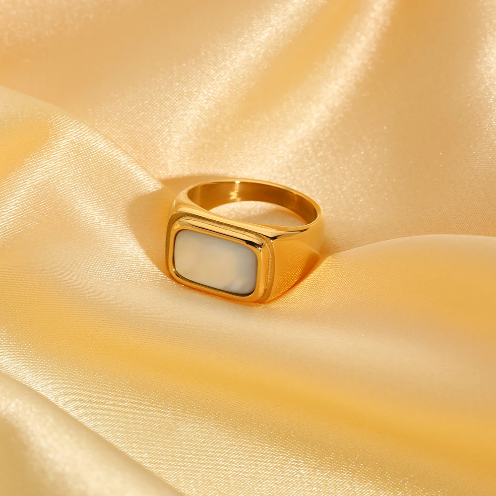 Trendy 18K Gold Plated Stainless Steel Natural Shell Block Rings for Women Square Ring Waterproof Jewelry Bijoux Femme Gift image 4