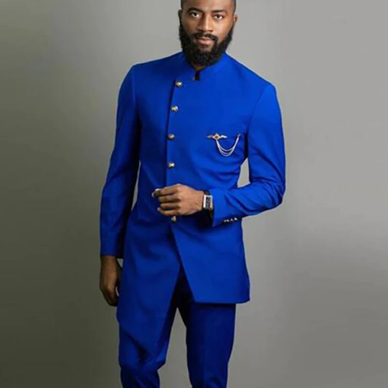 

Men Suits Slim Fit with Mandarin Stand Collar Royal Blue Wedding Tuxedos Two Pieces Jacket Pants Male Fashion Groomsmen Wear