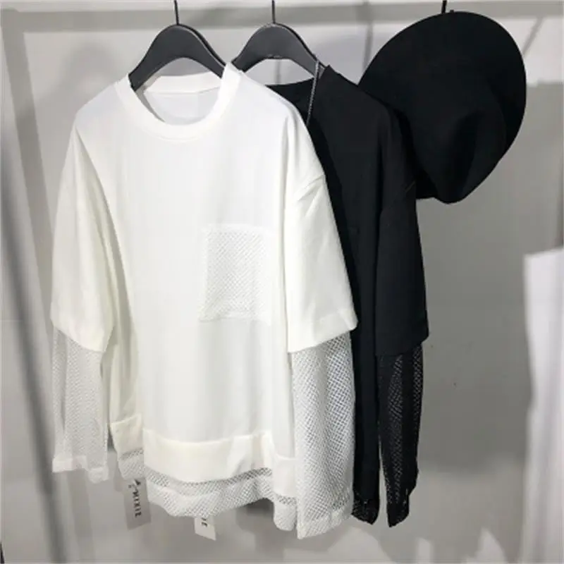 

Chao man original Spring and autumn simple fake two pieces of Mesh stitching loose long-sleeved Sweater Yuanyuan Street hip-hop