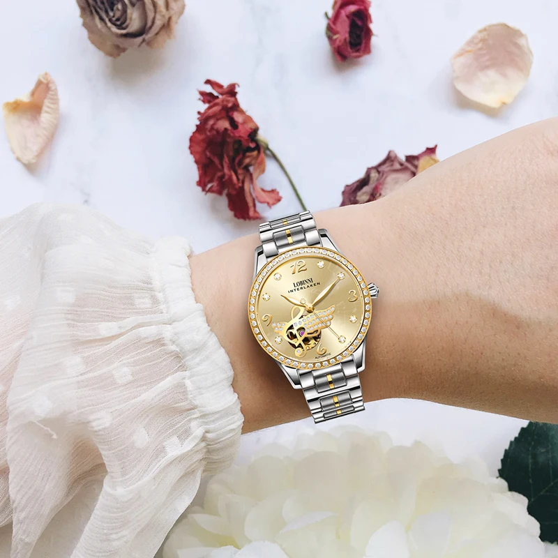 LOBINNI MIYOTA Movimento Orologi meccanici automatici Diamanti-Impostazione Ali Musica Scheletro Orologi da donna in acciaio inossidabile
