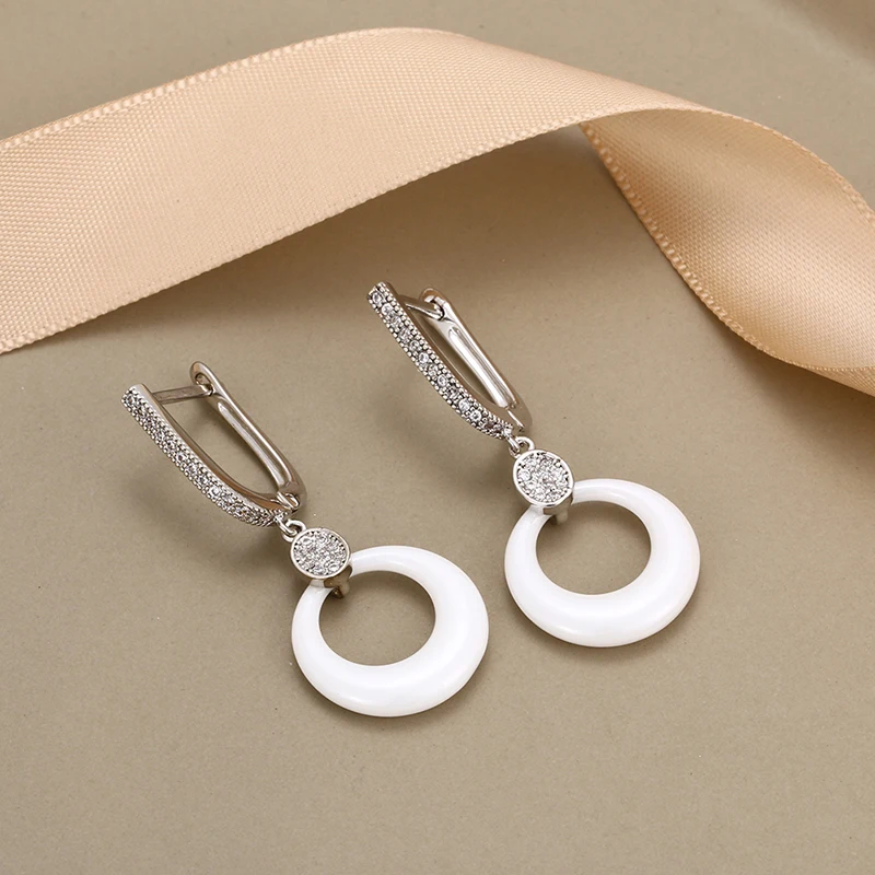 Fashion 585 Rose Gold Ceramic Crystal Wedding Earrings For Women Round Black White Ceramic Rose/White Gold Engagement Earring