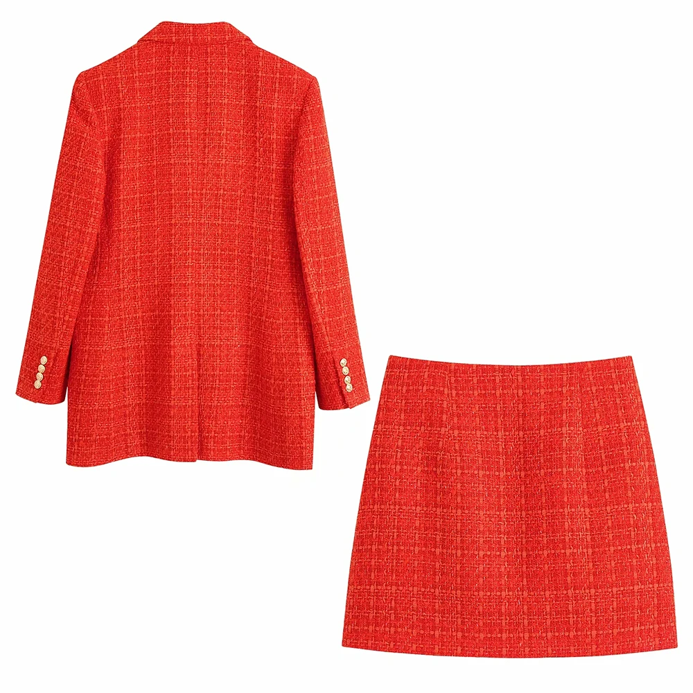 xikom 2021 Tweed Two pieces set Women red Vintage V Neck Long Sleeve Office Lady slim Blazer Coat Female Hight Waist skirt suit