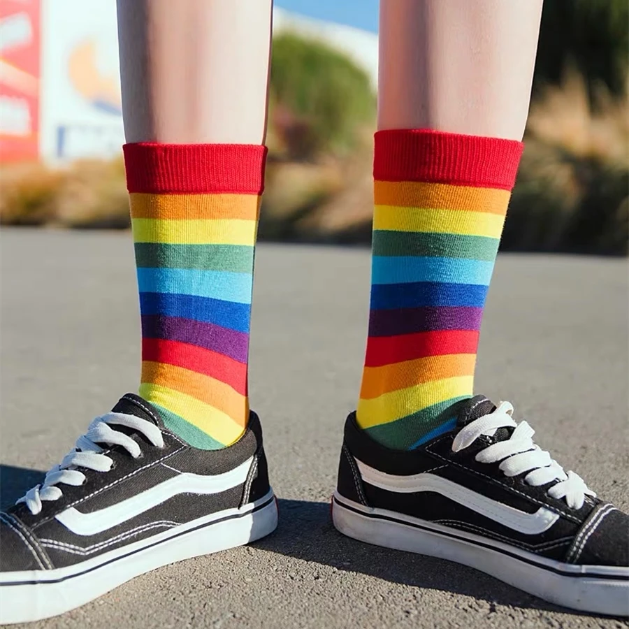 Socks Women\'s Rainbow Lovers Spring Summer Colorful Print Stripe Cotton Outdoor Sport  Street Harajuku Kawai Men Socks