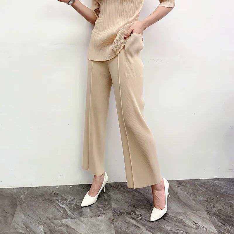 

Spring Summer 2020 Women Pleated Straight Pants New High Waist Wide Leg Casual Trousers